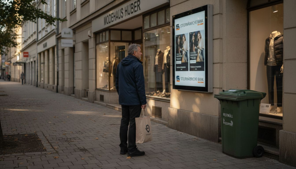 Ein Passant wirft einen Blick auf digitale Werbeanzeigen in der Grazer Innenstadt.