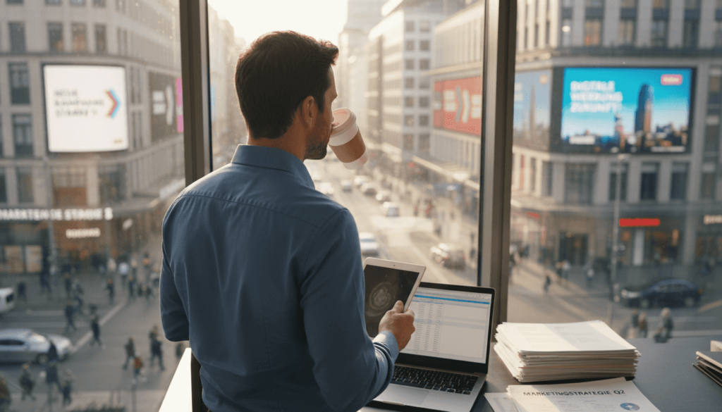 Ein Marketingmanager begutachtet digitale Werbetafeln und prüft deren Wirkung und Platzierung.