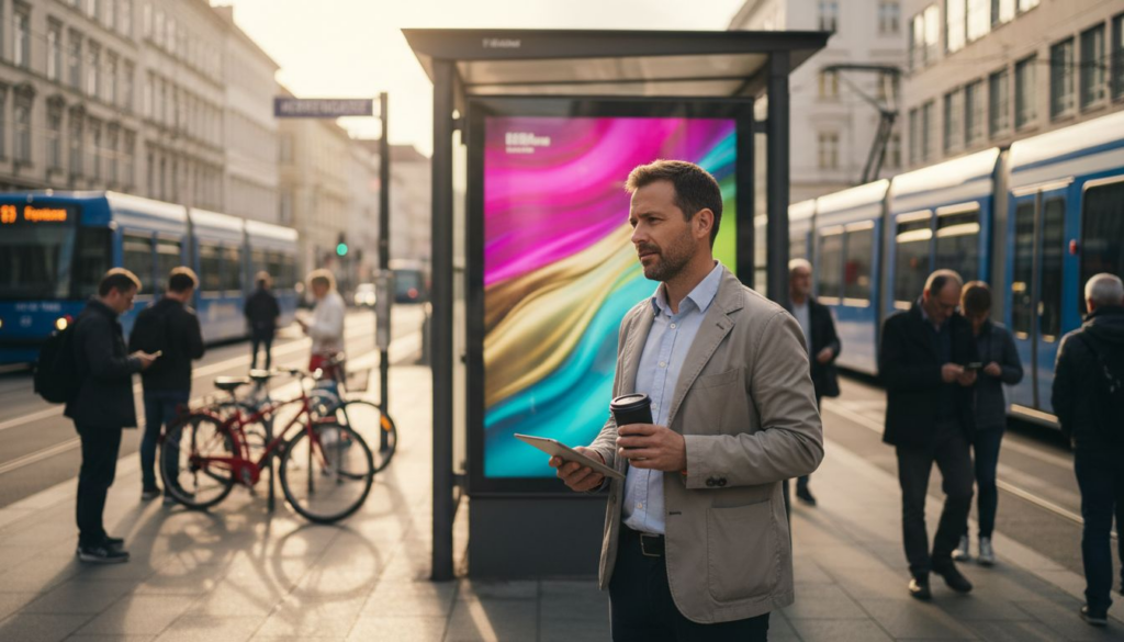 Ein Marketing-Experte beobachtet aufmerksam eine digitale Werbetafel an der Straßenbahnhaltestelle in Graz.