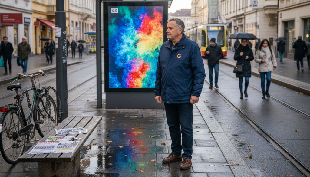 Ein Mann betrachtet aufmerksam einen digitalen Werbebildschirm in der Stadt.