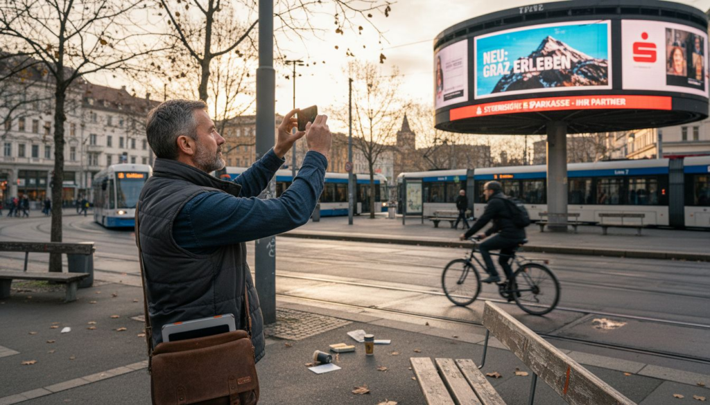 Ein Manager begutachtet eine digitale Werbetafel im Grazer Stadtzentrum.