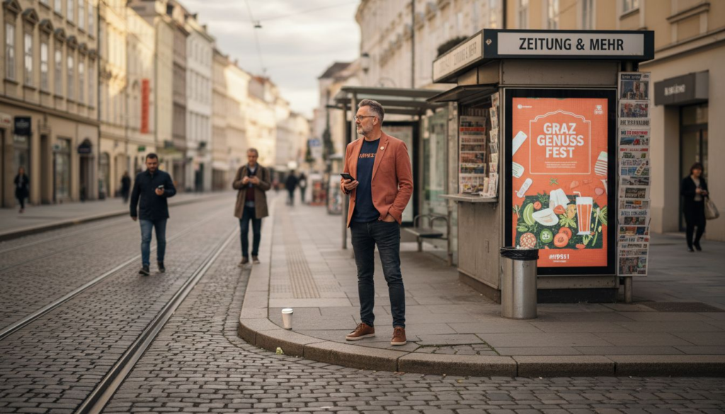 Ein Unternehmer betrachtet aufmerksam eine digitale Werbetafel im Grazer Stadtzentrum.