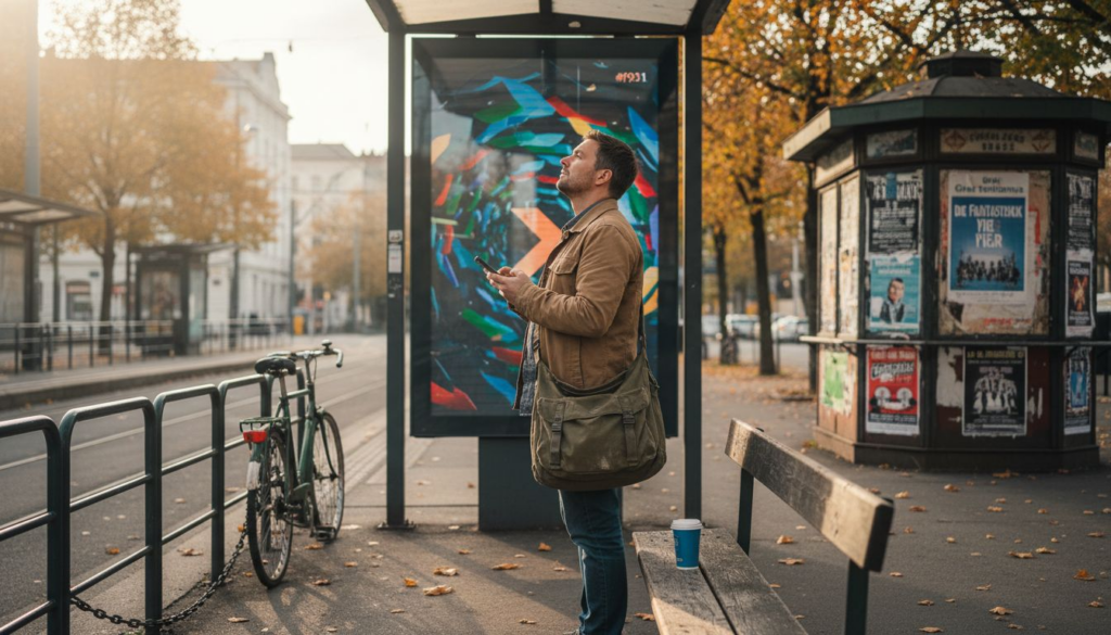 Berufspendler vor einer digitalen Werbetafel in Graz