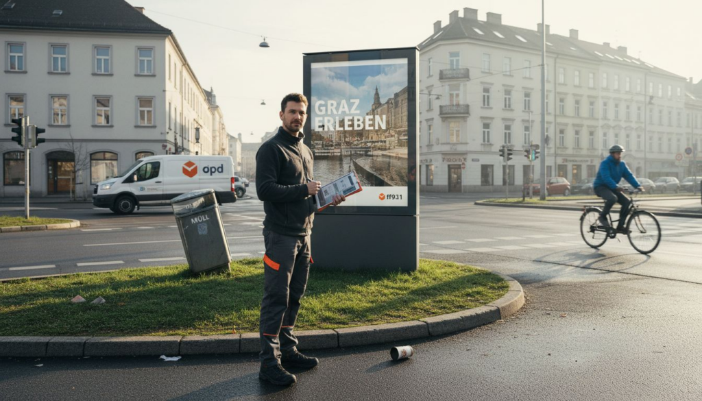 Ein Techniker überprüft eine digitale Werbetafel in Graz.
