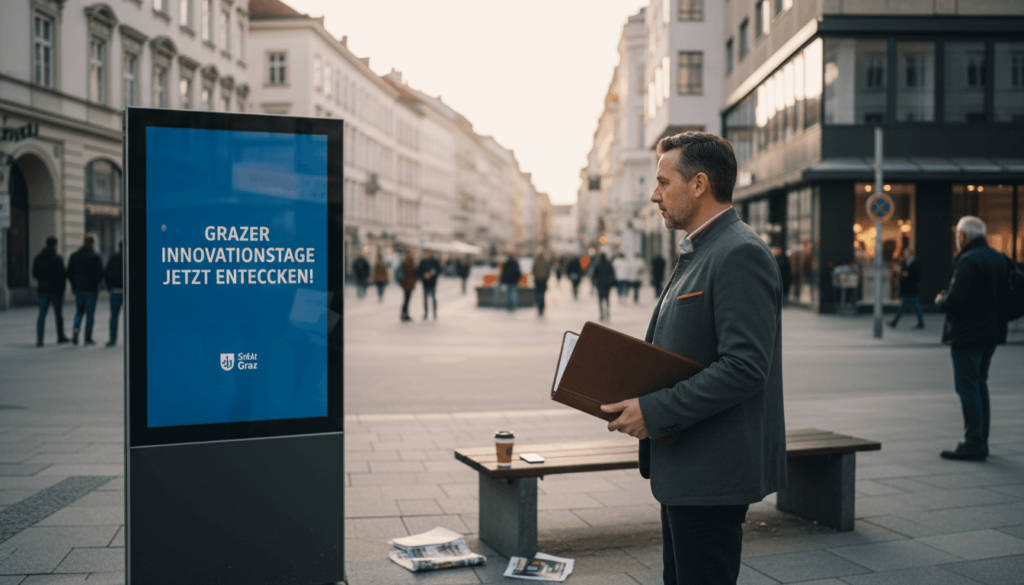 Ein Geschäftsmann wirft einen Blick auf eine digitale Werbetafel im Freien.