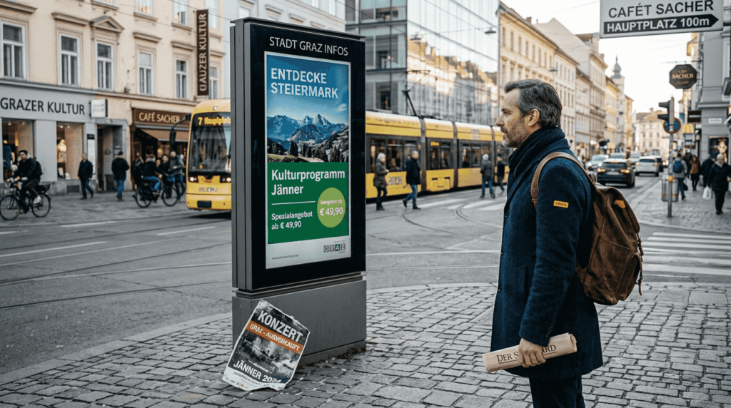 Ein Mann wirft in Graz einen Blick auf eine digitale Werbetafel.