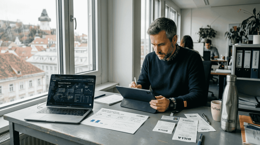 Marketingmanager kümmert sich um die Buchung digitaler Werbeanzeigen.