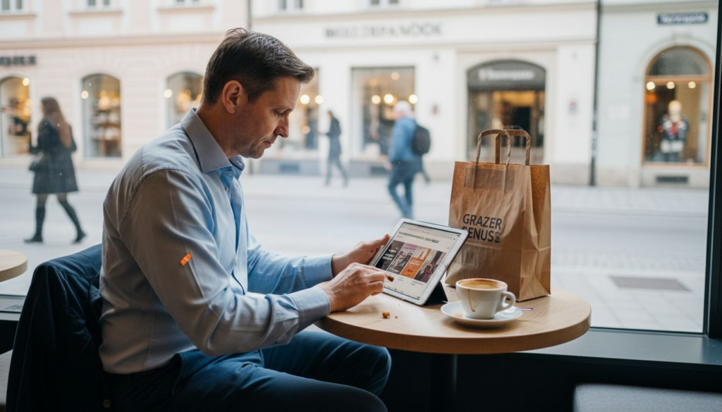 Im Café überprüft ein Mann digitale, Werbeanzeigen auf seinem Laptop.