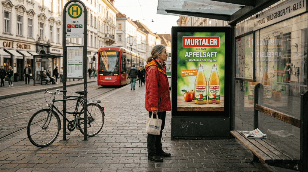 Eine Frau wartet in Graz in der Nähe einer digitalen Werbetafel.