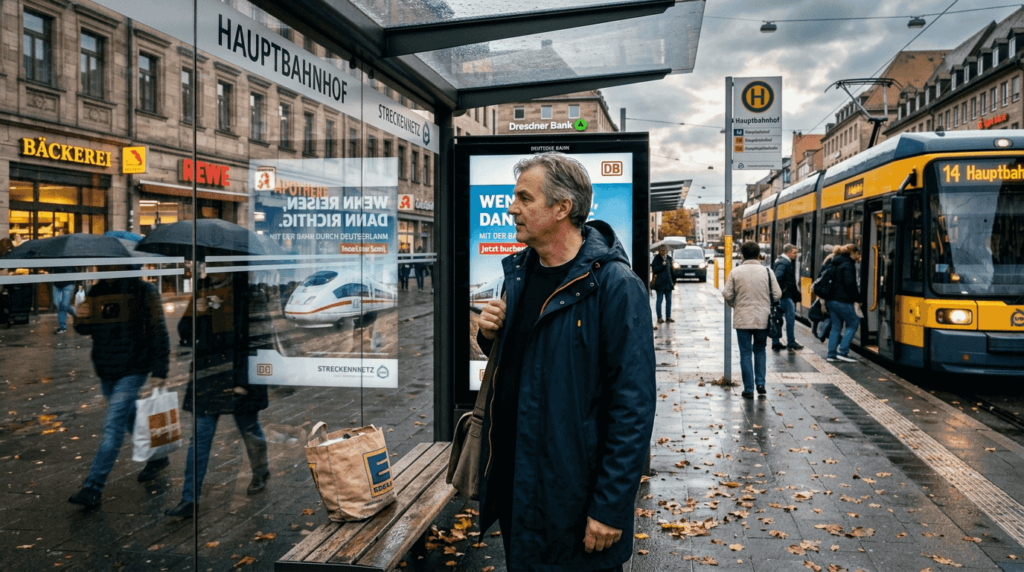 Stadtbewohner betrachten digitale Werbetafeln