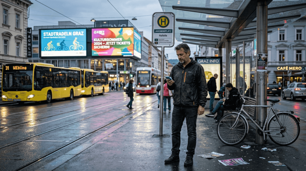 Wartende Person an einer Straßenbahnhaltestelle in Graz, im Hintergrund leuchtende digitale Werbetafeln.