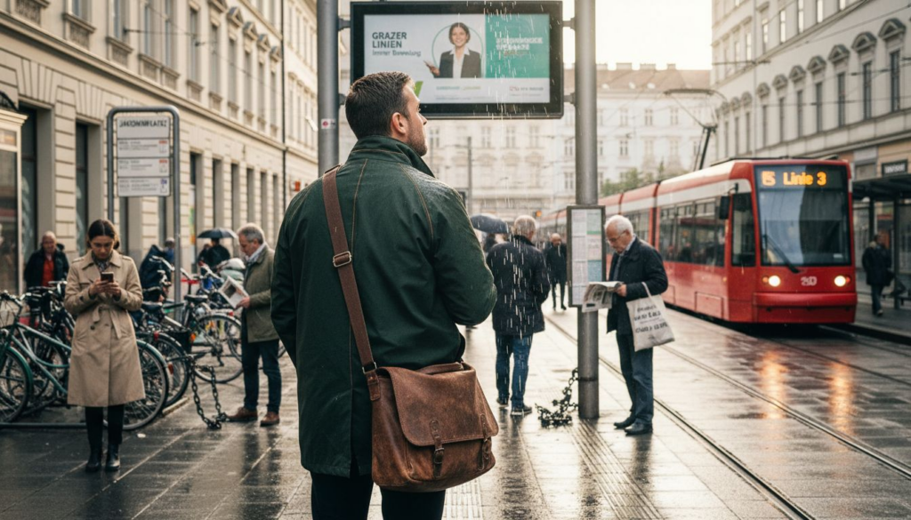 Ein Mann betrachtet eine digitale Werbetafel an einer belebten Straßenbahn-Haltestelle in Graz.