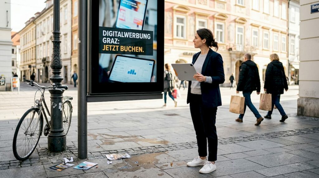 Eine Marketingmanagerin begutachtet einen digitalen Werbescreen im Außenbereich.