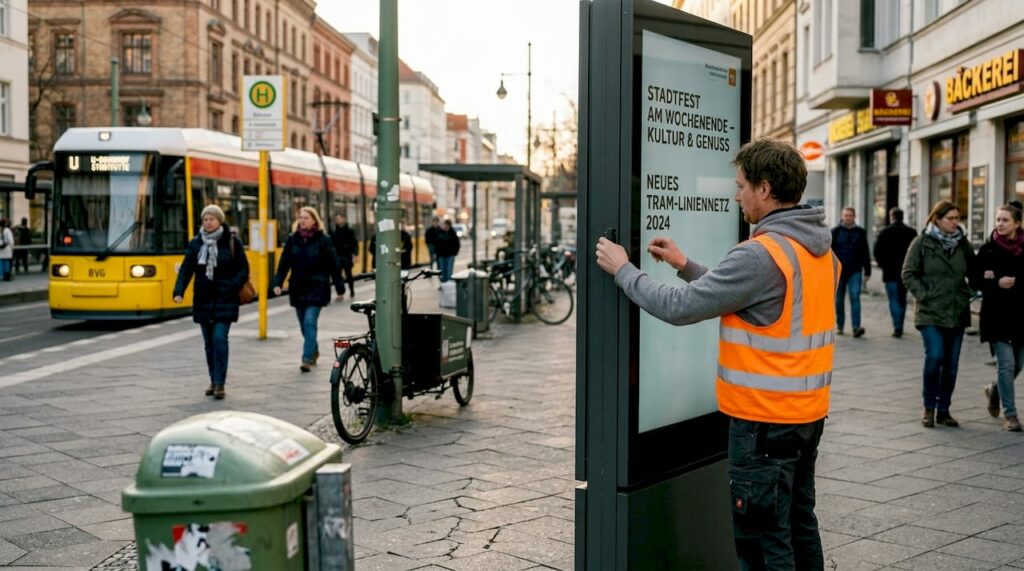 Ein Techniker nimmt Einstellungen an einer digitalen Werbetafel in der Innenstadt vor.