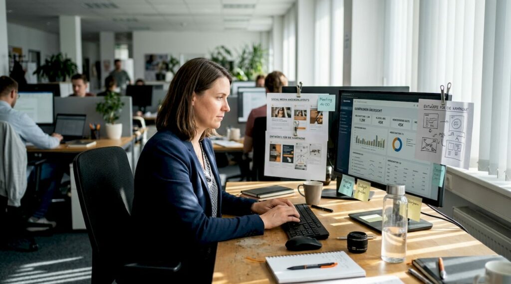 Eine Managerin analysiert am Schreibtisch die Performance ihrer Online-Marketing-Kampagnen.