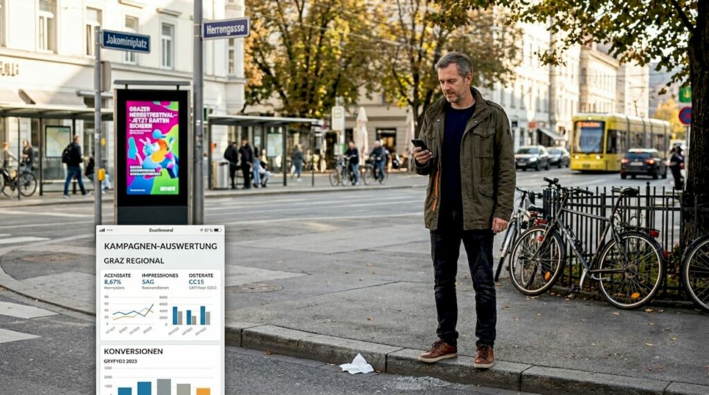 Ein Geschäftsmann bleibt auf einer gut besuchten Straße stehen und wirft einen interessierten Blick auf einen digitalen Werbebildschirm.