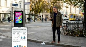 Ein Geschäftsmann bleibt auf einer gut besuchten Straße stehen und wirft einen interessierten Blick auf einen digitalen Werbebildschirm.