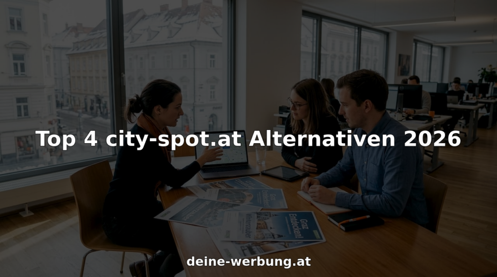 Ein Team aus dem städtischen Büro tauscht sich über effektive Werbemaßnahmen auf Großflächenplakaten aus.