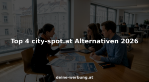 Ein Team aus dem städtischen Büro tauscht sich über effektive Werbemaßnahmen auf Großflächenplakaten aus.