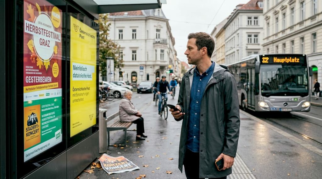 Ein Mann betrachtet digitale Werbetafeln in der Stadt.