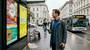 Ein Mann betrachtet digitale Werbetafeln in der Stadt.