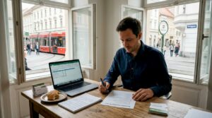 Ein Unternehmer geht in seinem Grazer Büro die Marketing-Checkliste Punkt für Punkt durch.