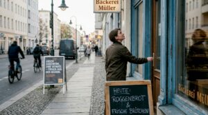 Die Inhaberin der Bäckerei wirft einen prüfenden Blick auf ihre neue Werbetafel draußen auf der Straße.