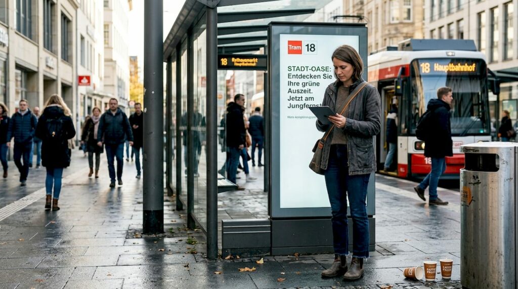 Ein Marketingexperte prüft die Inhalte einer digitalen Werbetafel.