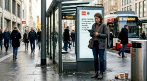 Ein Marketingexperte prüft die Inhalte einer digitalen Werbetafel.