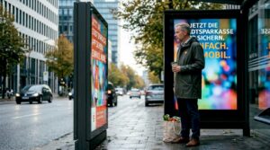 Ein Mann wirft einen Blick auf die digitale Werbetafel an der Bushaltestelle.