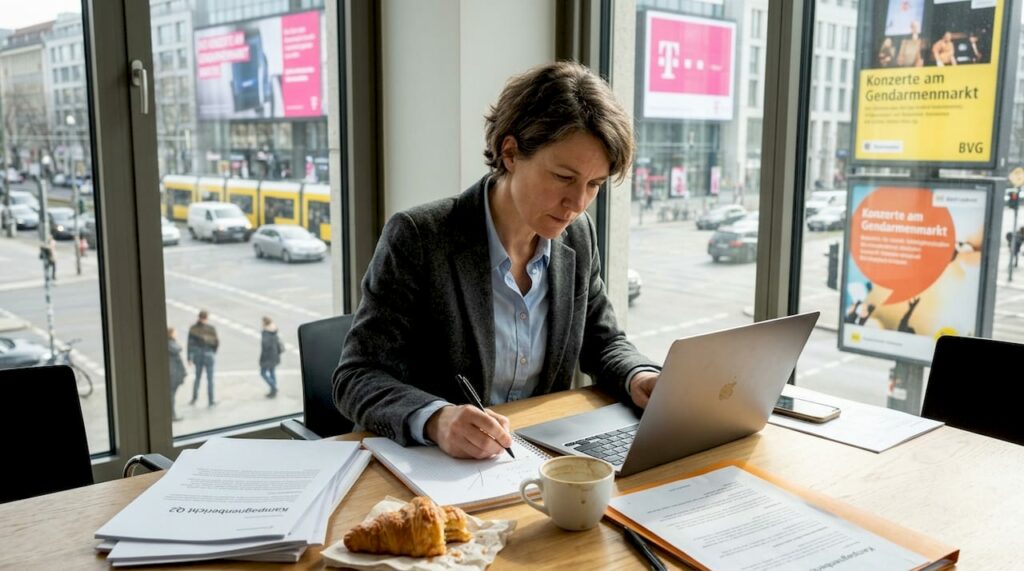Eine Marketingmanagerin wertet die Kennzahlen einer städtischen Werbekampagne aus.