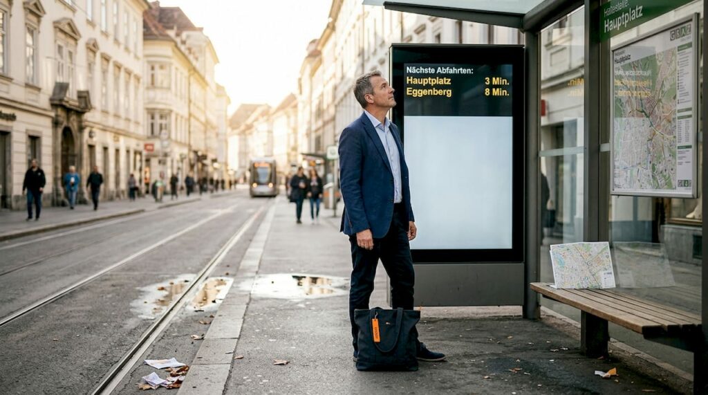 Ein Geschäftsreisender betrachtet aufmerksam eine digitale Werbetafel an der Straßenbahnhaltestelle.