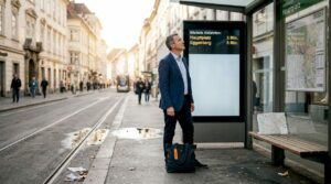Ein Geschäftsreisender betrachtet aufmerksam eine digitale Werbetafel an der Straßenbahnhaltestelle.