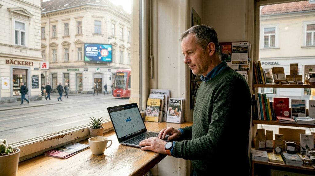 Der Geschäftsinhaber wirft einen Blick aus dem Fenster, um die neue digitale Werbeanzeige auf der Straße zu begutachten.