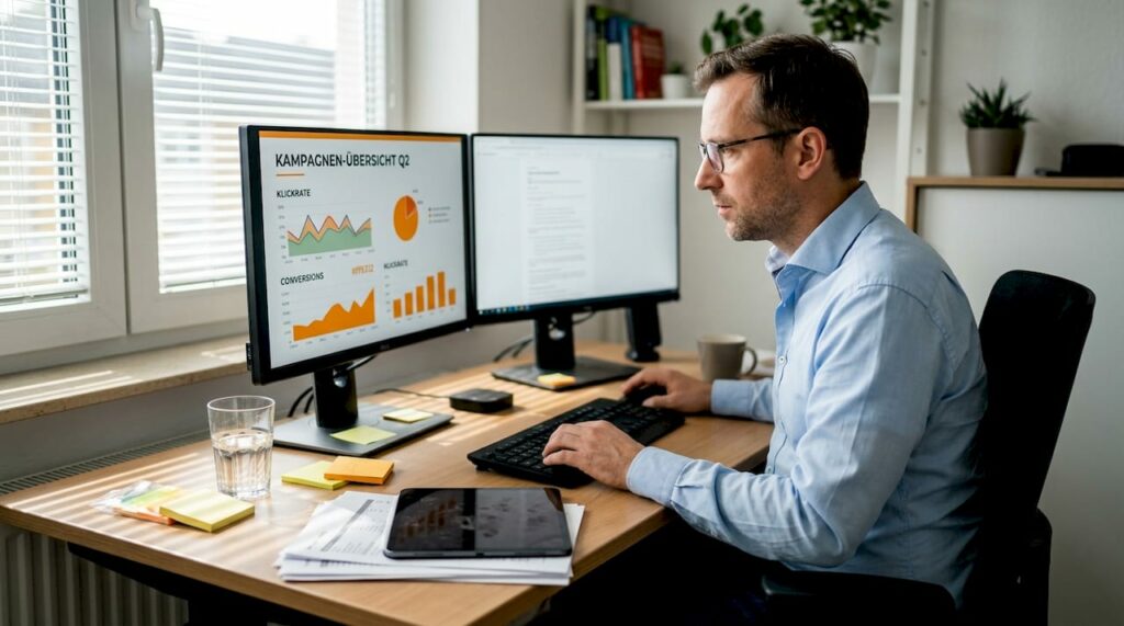 Ein Mitarbeiter analysiert im Büro die aktuellen Kennzahlen seiner Online-Werbekampagnen am Bildschirm.
