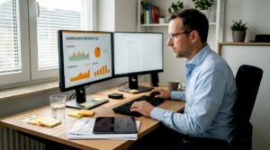 Ein Mitarbeiter analysiert im Büro die aktuellen Kennzahlen seiner Online-Werbekampagnen am Bildschirm.