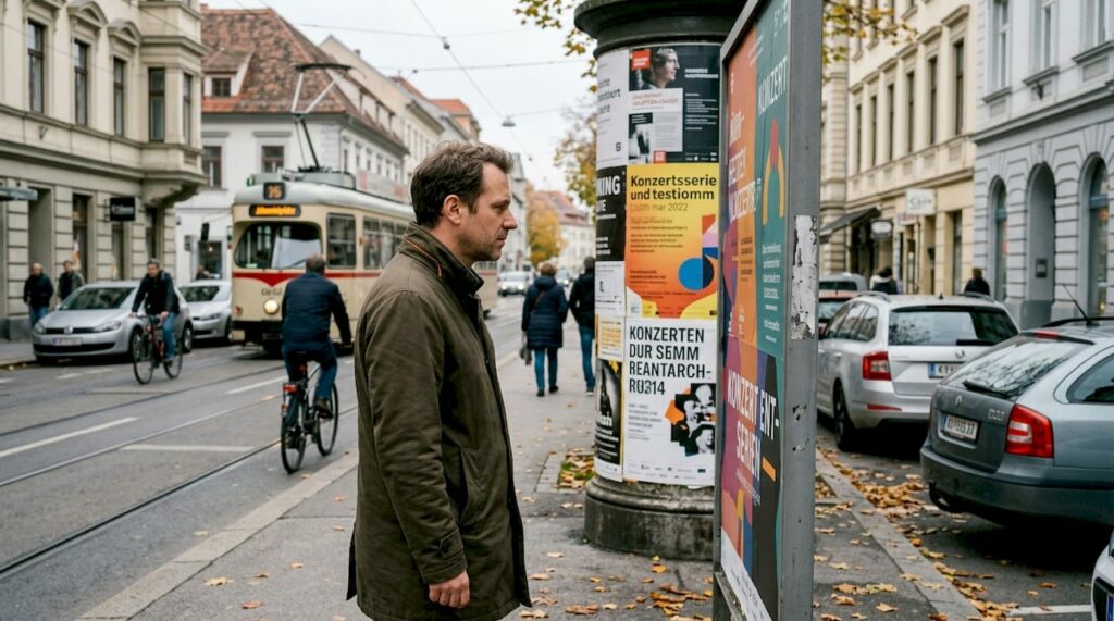 Ein Mann bleibt an einer Kreuzung in Graz stehen und wirft einen Blick auf ein Plakat.