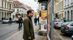 Ein Mann bleibt an einer Kreuzung in Graz stehen und wirft einen Blick auf ein Plakat.