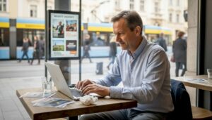 Der Unternehmer sitzt im Café und kümmert sich dort um seine Online-Marketing-Aktivitäten.