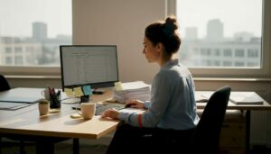 Ein Personalvermittler sichtet im Büro Bewerbungsunterlagen.