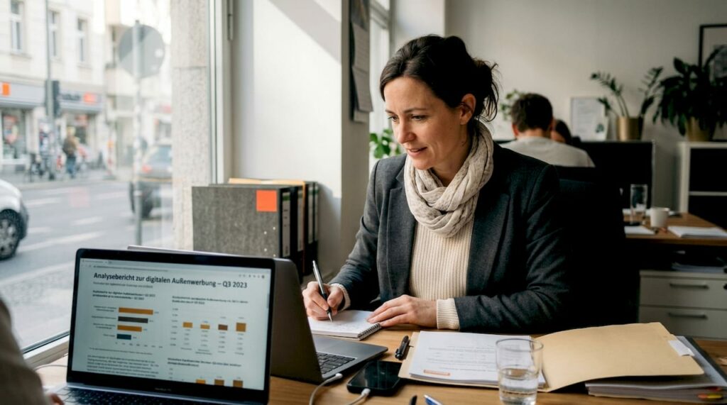 Eine Frau sitzt am Schreibtisch und prüft, wie effektiv lokale Werbemaßnahmen sind.