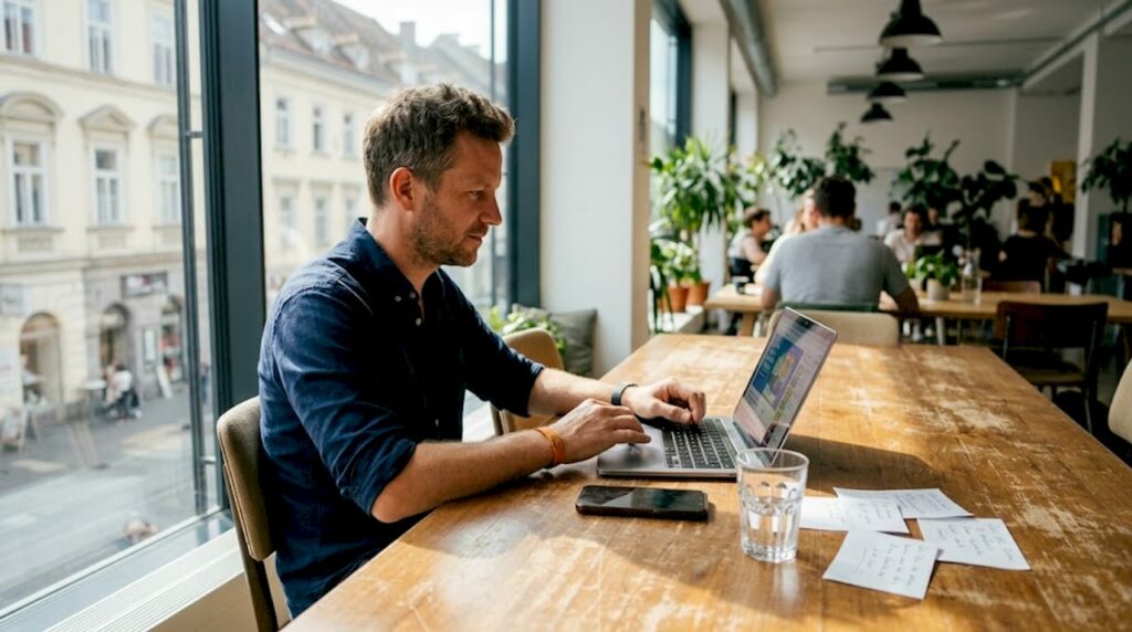 Ein Mann erstellt am Laptop Werbeanzeigen.