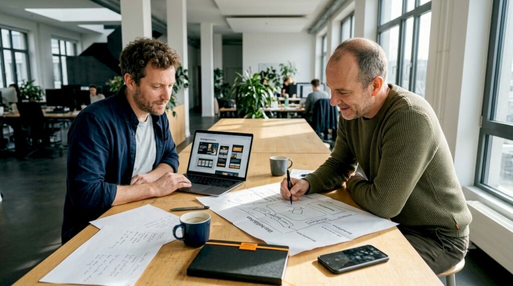 Geschäftsleute nehmen gemeinsam digitale Werbematerialien unter die Lupe.