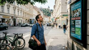 Unternehmer betrachtet eine DOOH-Werbetafel in Graz