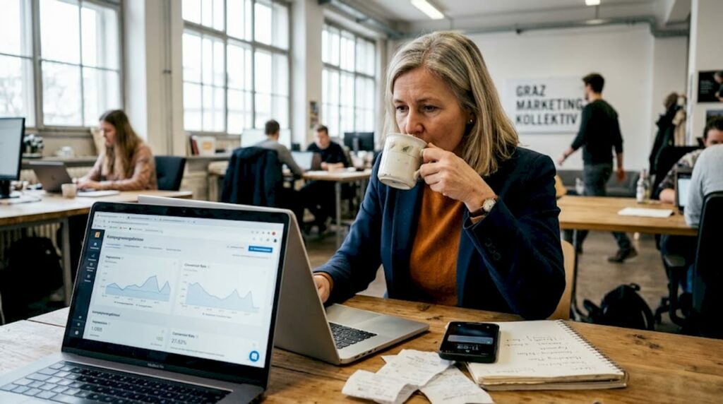 Eine Mitarbeiterin analysiert im Grazer Büro aktuelle Online-Werbekampagnen.