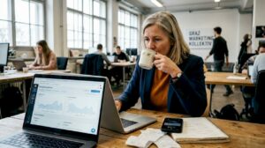 Eine Mitarbeiterin analysiert im Grazer Büro aktuelle Online-Werbekampagnen.