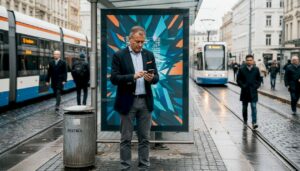 Ein Geschäftsmann wartet an der Straßenbahnhaltestelle neben einem digitalen Werbedisplay.