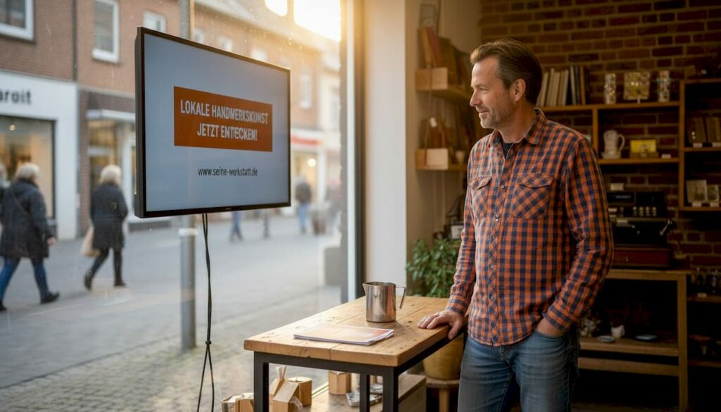 Der Geschäftsinhaber begutachtet die digitale Werbeanzeige im eigenen Schaufenster.