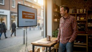 Der Geschäftsinhaber begutachtet die digitale Werbeanzeige im eigenen Schaufenster.