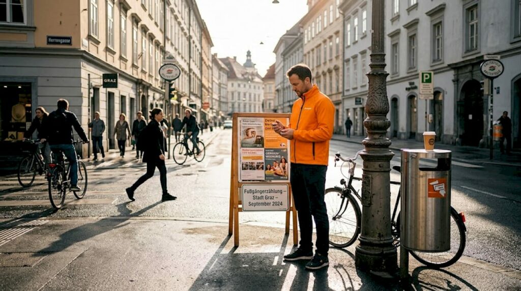 Mann erfasst, wie viele Menschen an der Werbetafel vorbeigehen